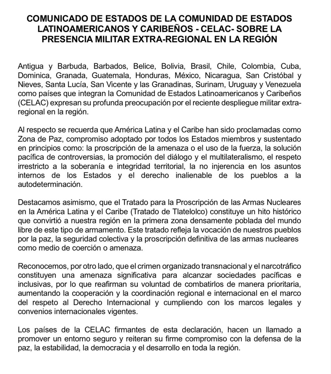 Comunicado de la CELAC sobre la Presencia Militar Extraregional en América Latina y el Caribe.